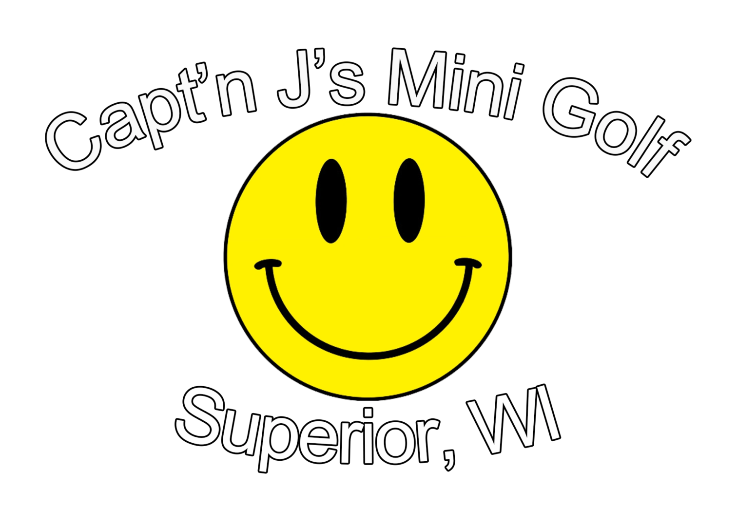 Logo of capt'n j's mini golf featuring a smiling yellow face and the text "superior, wi" with a white and black striped background.